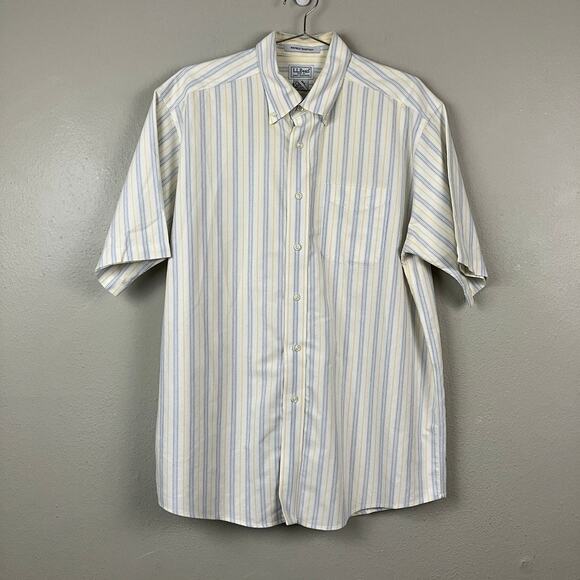 LL Bean Button Up Shirt Mens 16.5 Reg Blue Stripe Short Sleeve Wrinkle Resistant - Picture 1 of 4